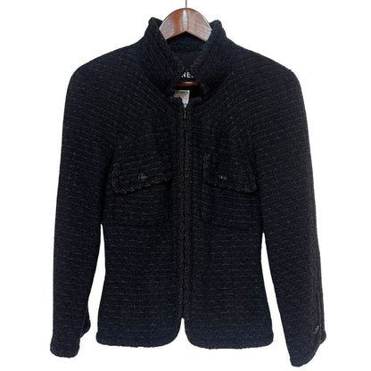Chanel 06C Black Tweed Zip Jacket Coco Mark Size XS