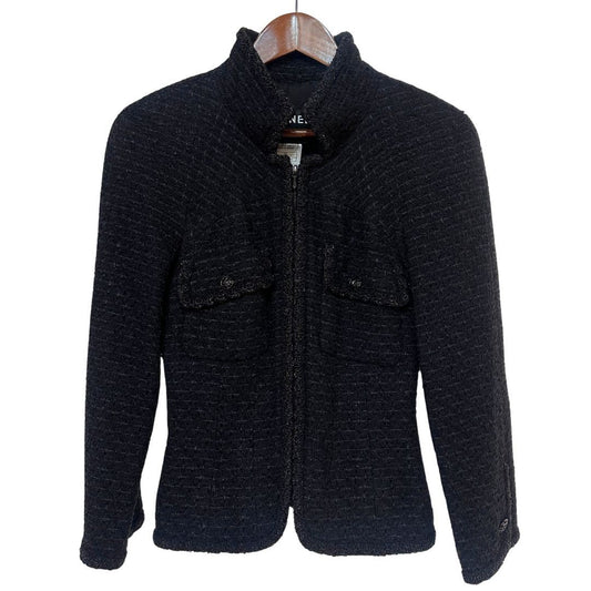 Chanel 06C Black Tweed Zip Jacket Coco Mark Size XS