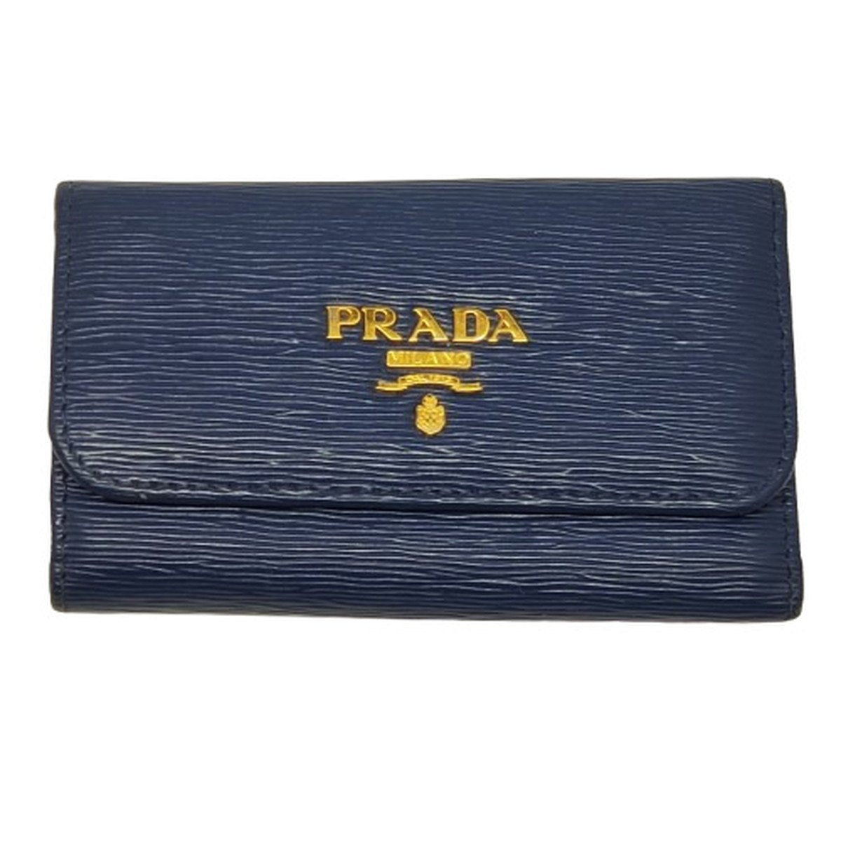 Prada Blue Leather Gold Logo Key Case