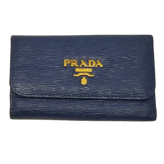 Prada Blue Leather Gold Logo Key Case