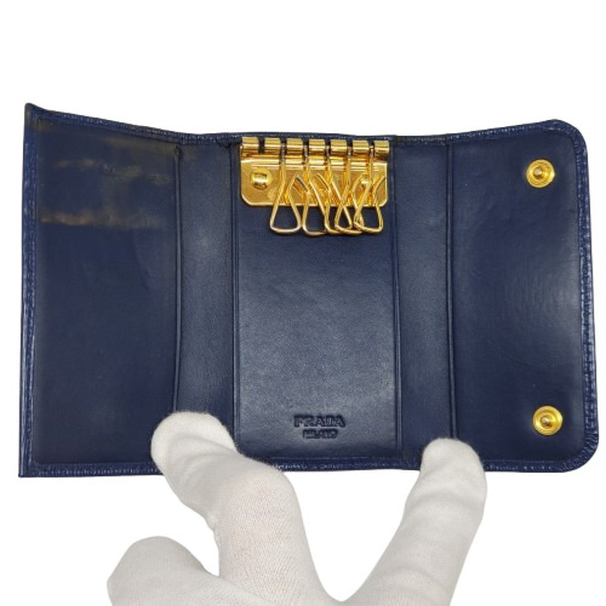 Prada Blue Leather Gold Logo Key Case