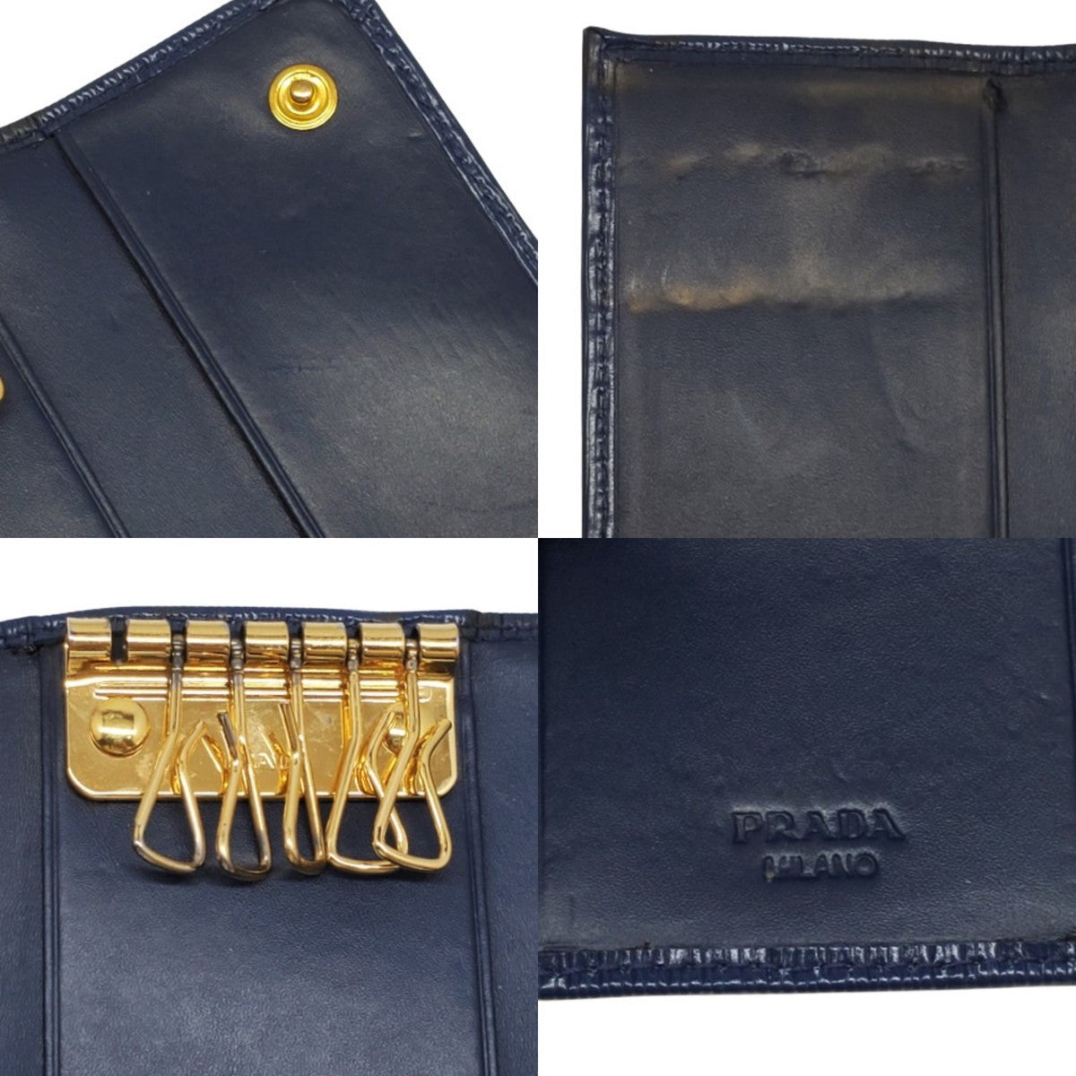 Prada Blue Leather Gold Logo Key Case