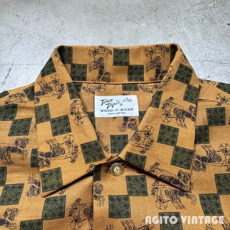 TOWN TOPIC 60s Chariot Print Open Collar Shirt Yellow Size S