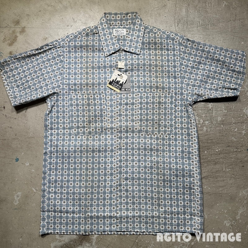 TOWN TOPIC 60s Printed Cotton Shirt Deadstock Blue Size S