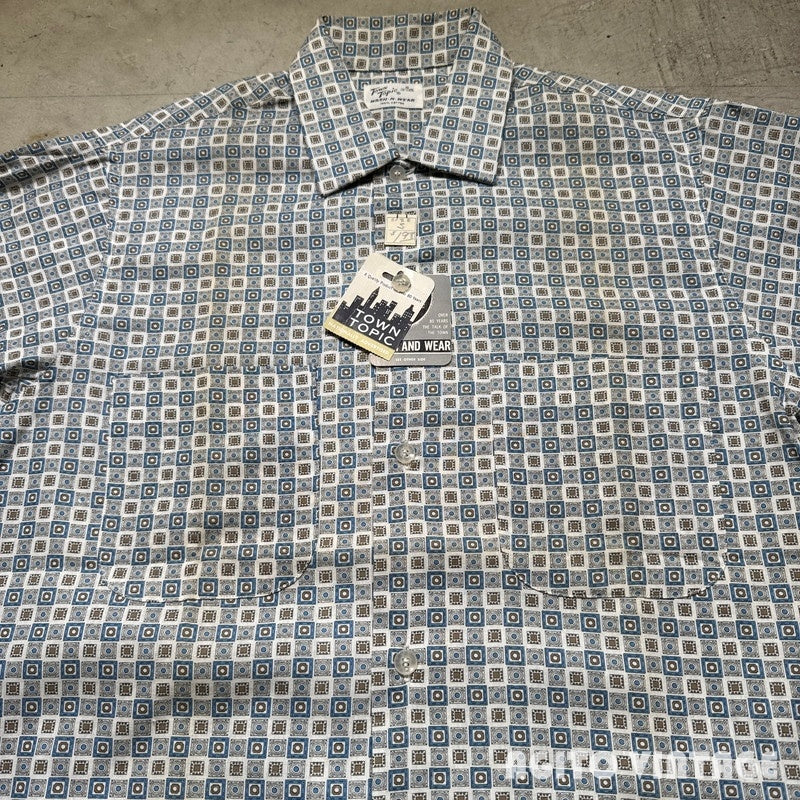 TOWN TOPIC 60s Printed Cotton Shirt Deadstock Blue Size S