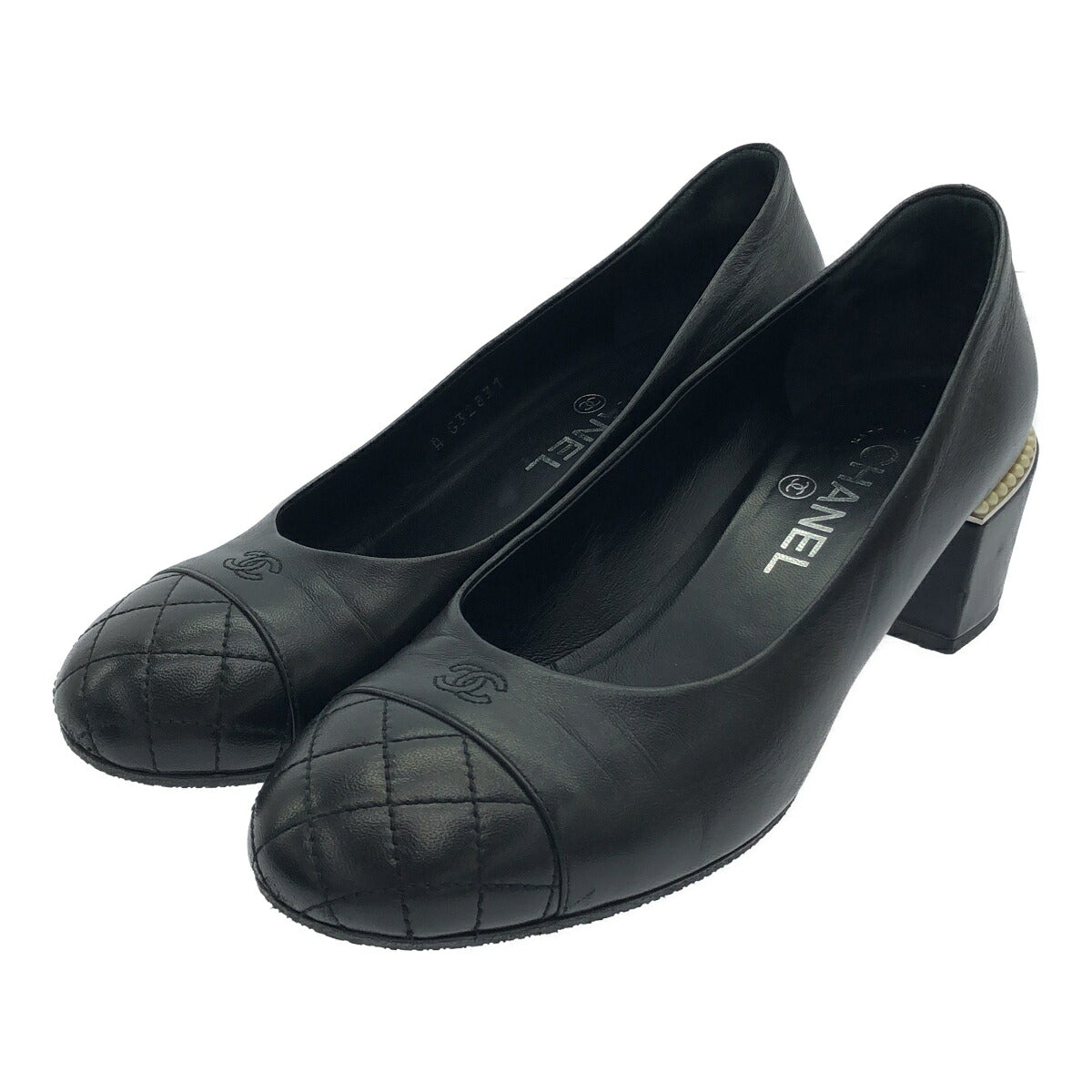 CHANEL Black Matelassé Leather Pearl Heel Pumps Size 38C