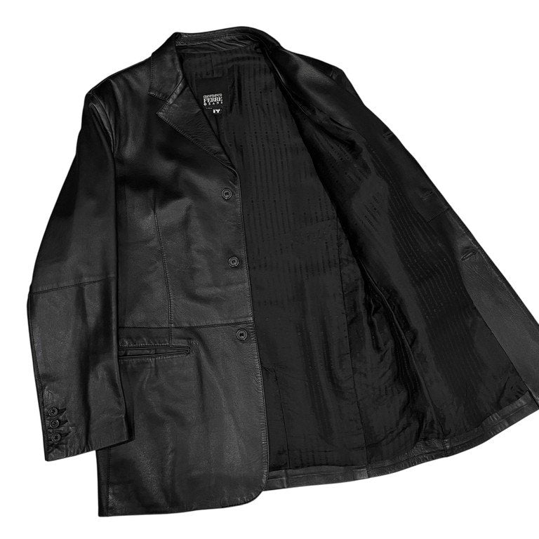 GIANFRANCO FERRE 90s Leather 3-Button Blazer Black Size 44R