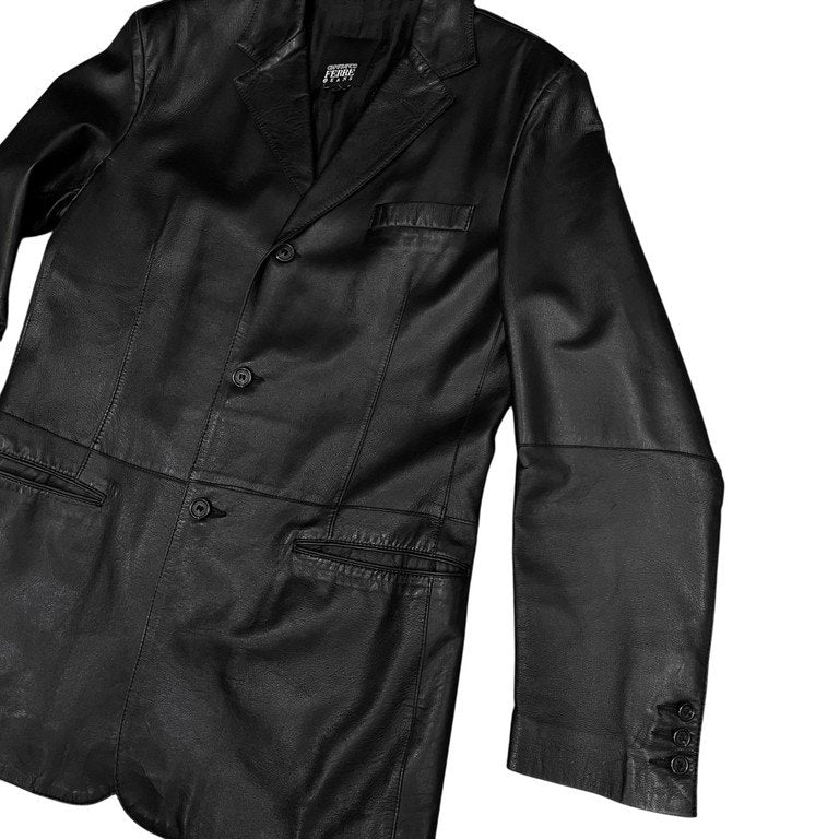 GIANFRANCO FERRE 90s Leather 3-Button Blazer Black Size 44R
