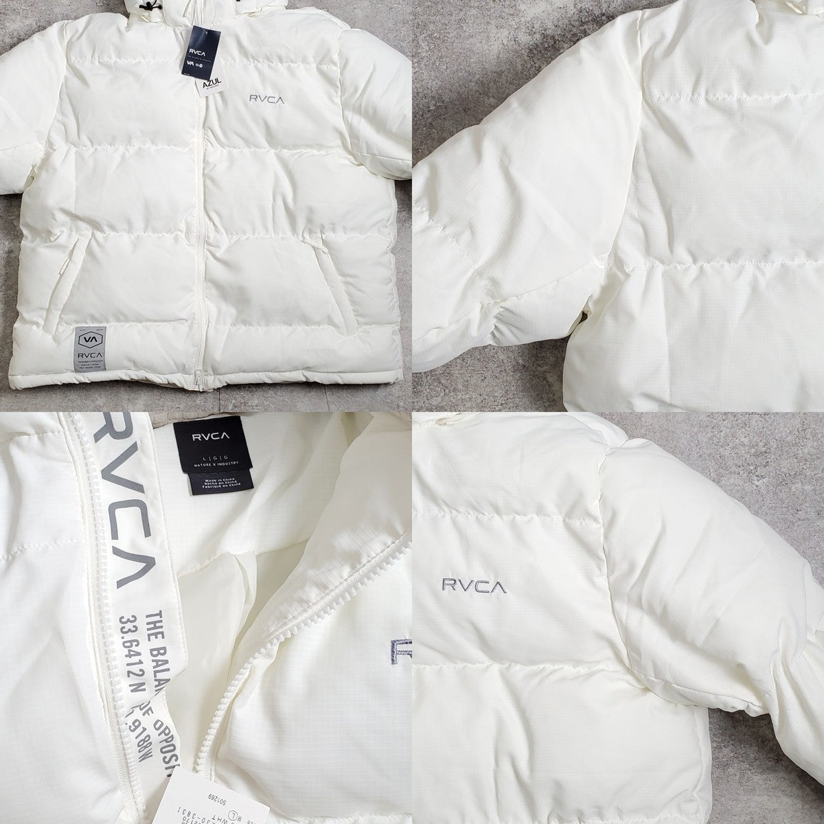 RVCA White Back Logo Detachable Hood Puffer Jacket Size L
