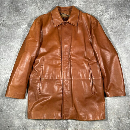 HUGO BOSS Calfskin Leather Fur Lined Coat Brown Size 50
