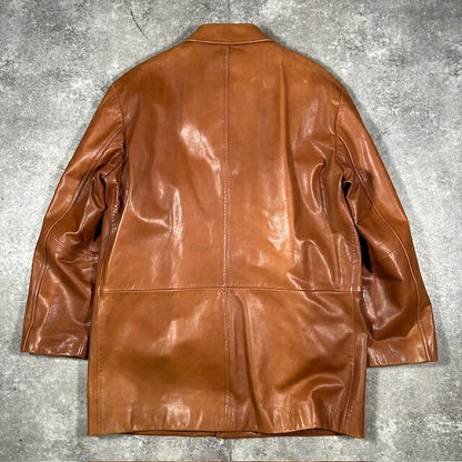 HUGO BOSS Calfskin Leather Fur Lined Coat Brown Size 50