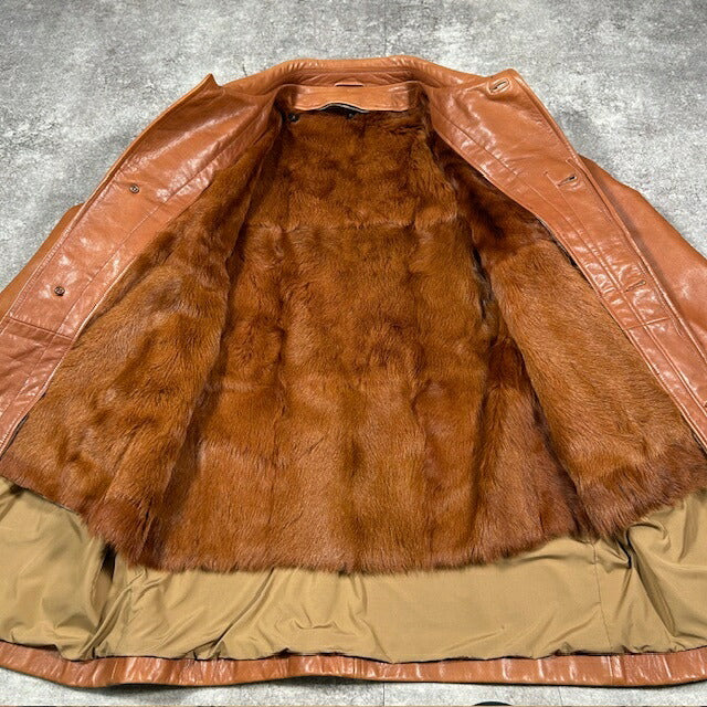 HUGO BOSS Calfskin Leather Fur Lined Coat Brown Size 50