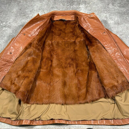 HUGO BOSS Calfskin Leather Fur Lined Coat Brown Size 50