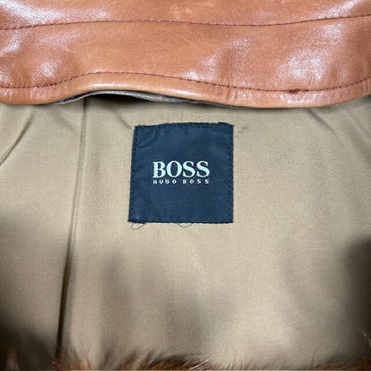 HUGO BOSS Calfskin Leather Fur Lined Coat Brown Size 50