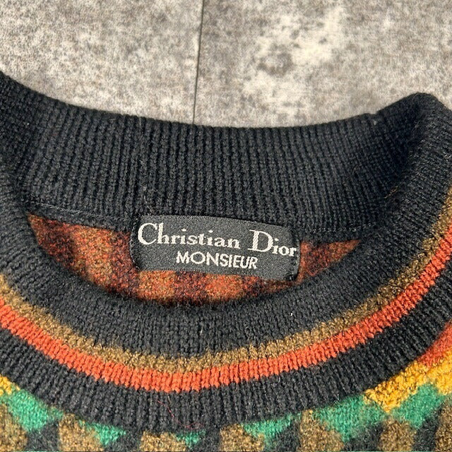 Christian Dior Brown Wool Geometric Pattern Knit Size M