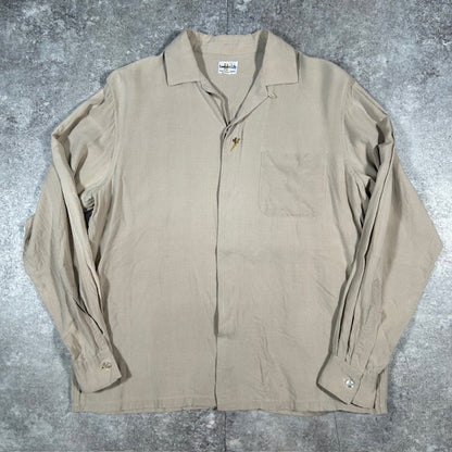 Vintage 50s 60s Open-Collar Embroidered Long Sleeve Shirt Size M