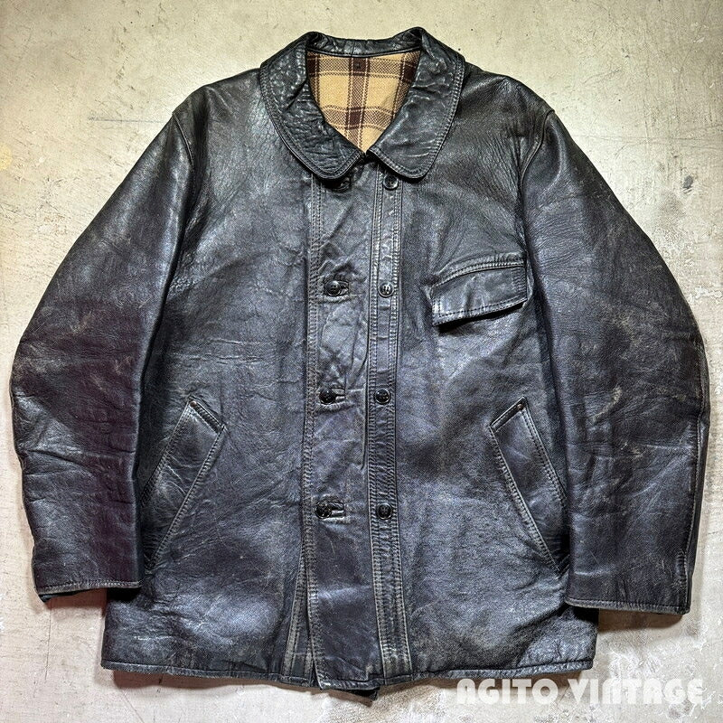 Unknown 70s French Le Corbusier Leather Jacket Black Size 52