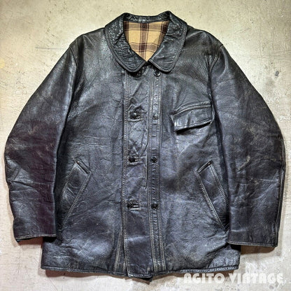 Unknown 70s French Le Corbusier Leather Jacket Black Size 52