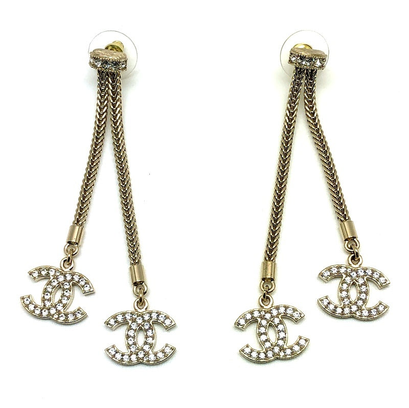 Chanel Gold Rhinestone Dangle CC Logo Double