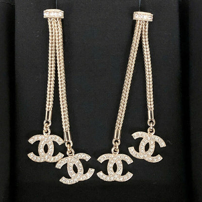 Chanel Gold Rhinestone Dangle CC Logo Double