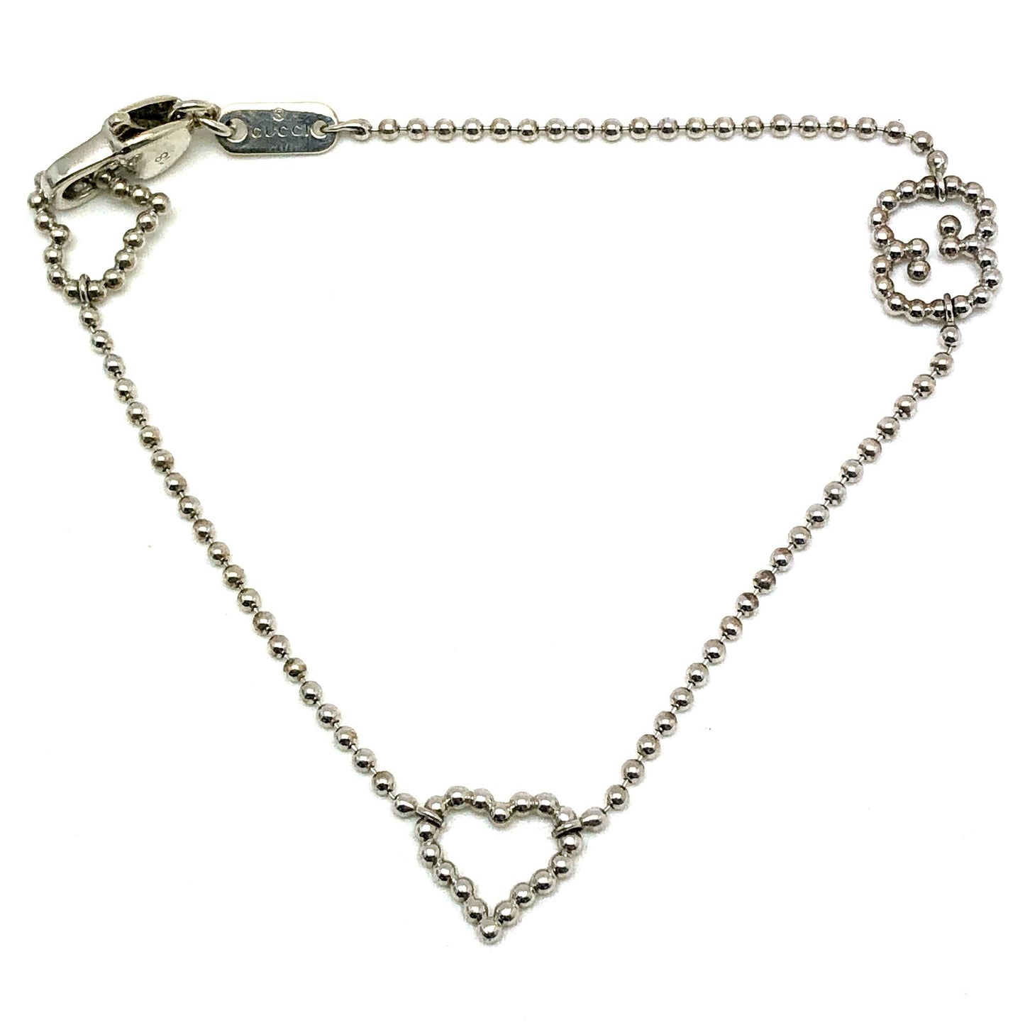 GUCCI Heart GG Logo Ball Chain Silver Bracelet Size 18