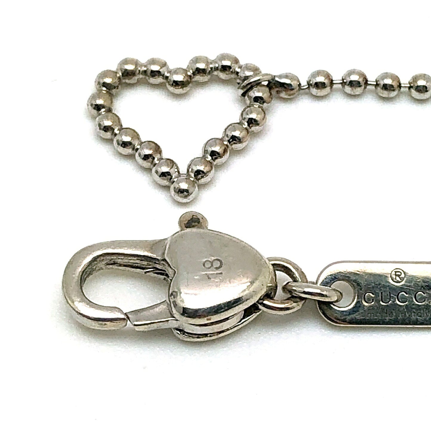 GUCCI Heart GG Logo Ball Chain Silver Bracelet Size 18