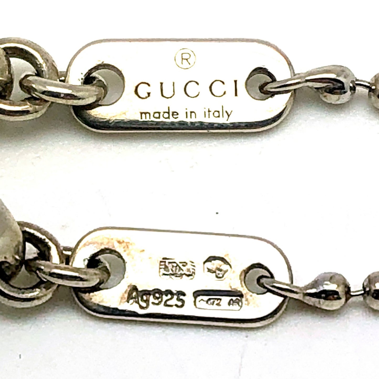 GUCCI Heart GG Logo Ball Chain Silver Bracelet Size 18