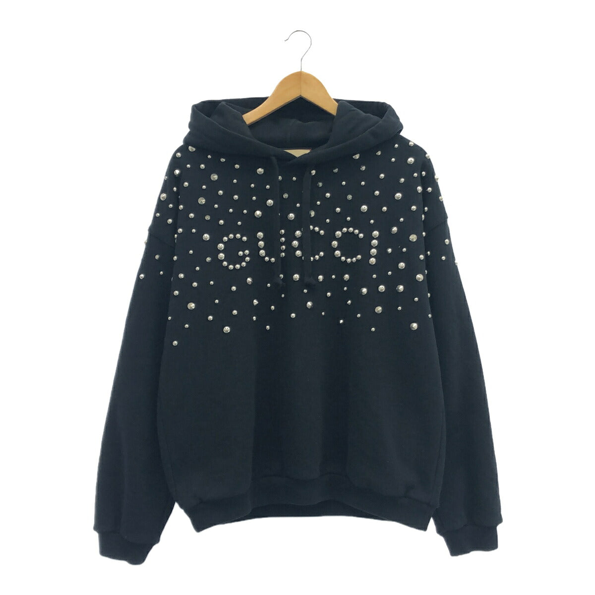 GUCCI 23SS Studded Logo Cotton Hoodie Black Size M