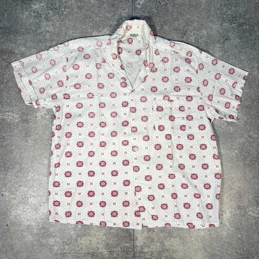 Vintage 50s 60s Pink Cotton Short Sleeve Open Collar Size L