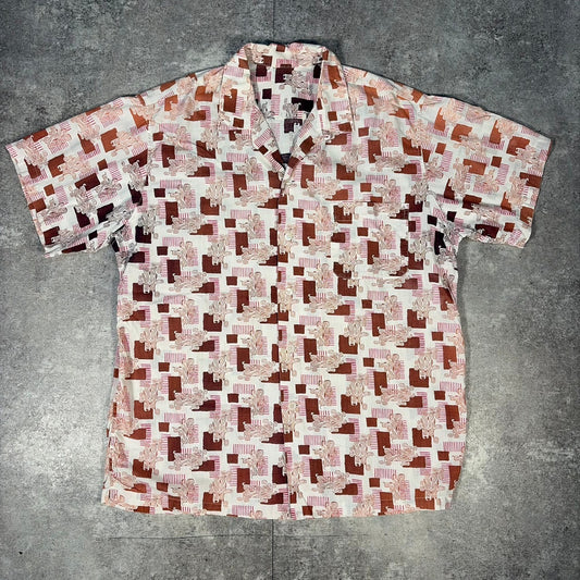 ITAXIXUMGQW 50s/60s Pink Pattern Cotton Collar Shirt Size L