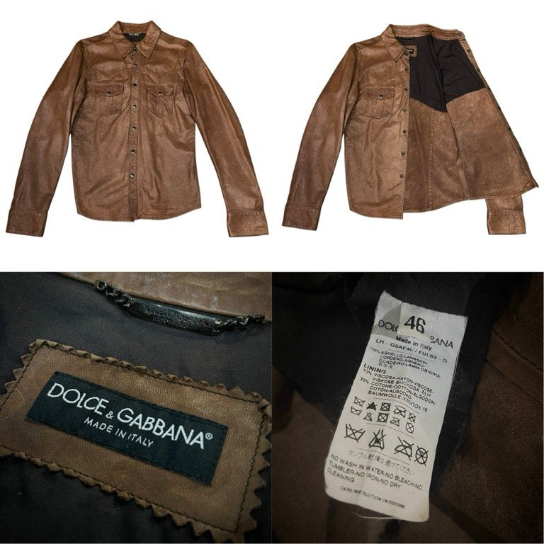 Dolce & Gabbana Lamb Leather Western Shirt Brown Size 46