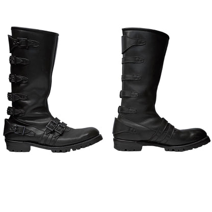 Blackmeans Leather 6-Buckle Back-Zip Long Boots Size 27.5