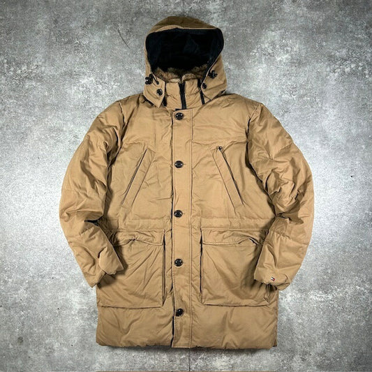 TOMMY HILFIGER Rabbit Fur Hooded Down Jacket Beige Size L