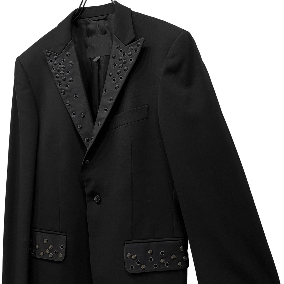 RICHMOND Leather Peaked Lapel Stud 1B Wool Blazer Size 50