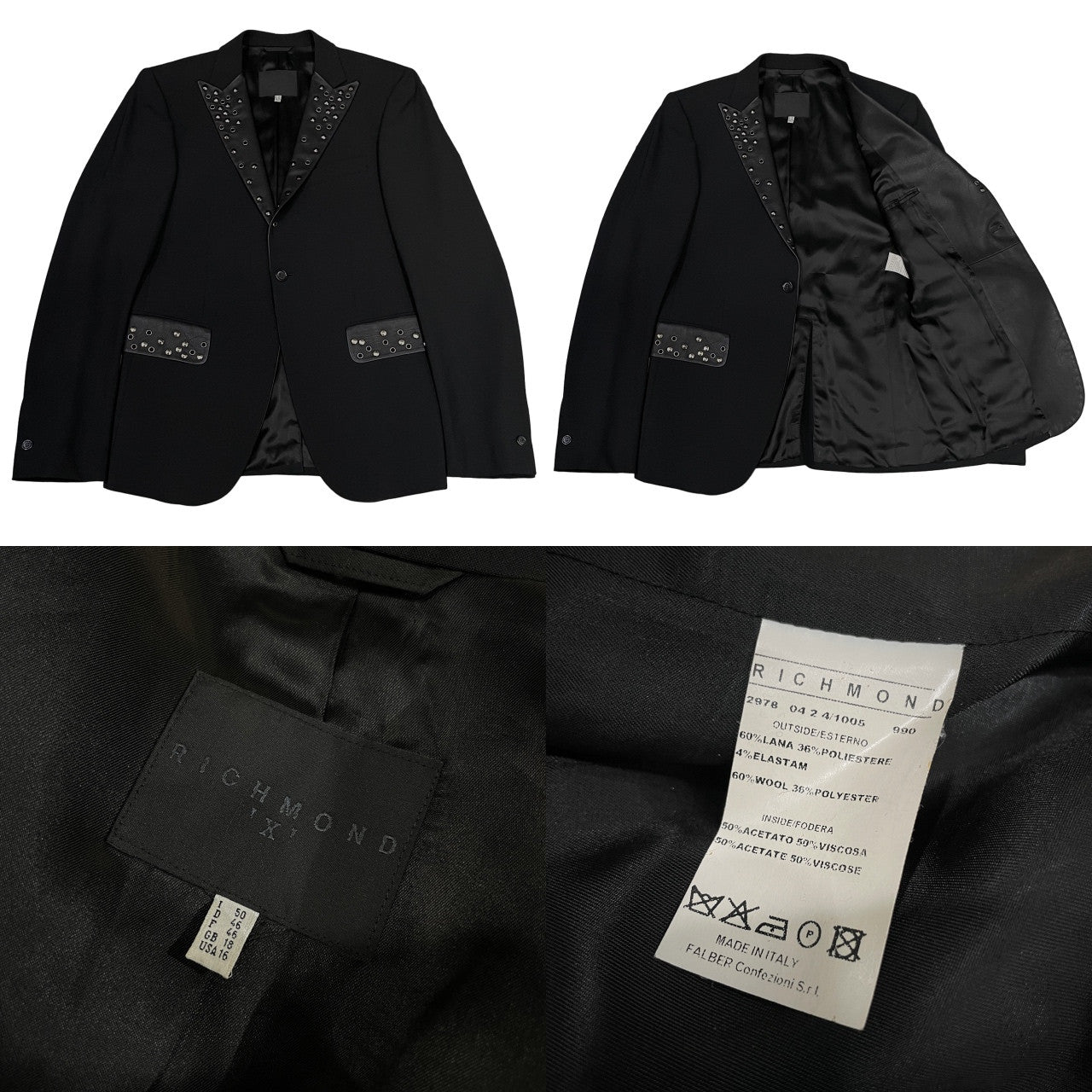 RICHMOND Leather Peaked Lapel Stud 1B Wool Blazer Size 50