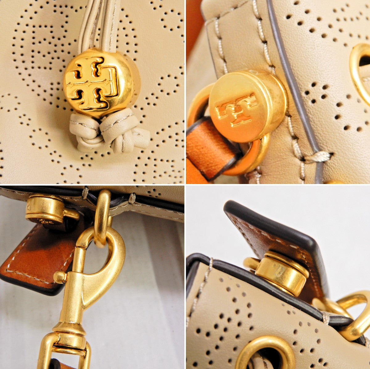 TORY BURCH T Monogram Perforated Bag Beige Size ONE SIZE