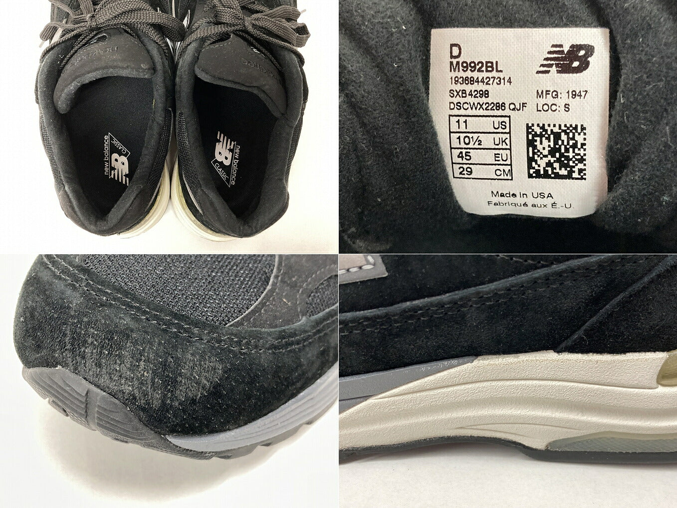 New Balance M992BL Black Sneakers Size 29cm