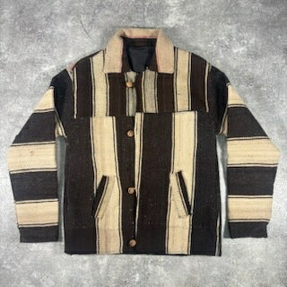 VINTAGE Brown Striped Blanket Jacket Wood Button Size M