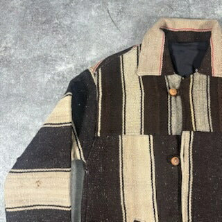 VINTAGE Brown Striped Blanket Jacket Wood Button Size M