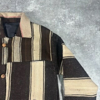 VINTAGE Brown Striped Blanket Jacket Wood Button Size M