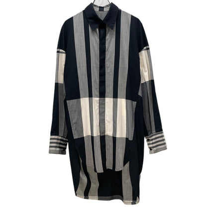 JOE CHIA Stripe Check Fly Front Long Shirt Gray Size XXL