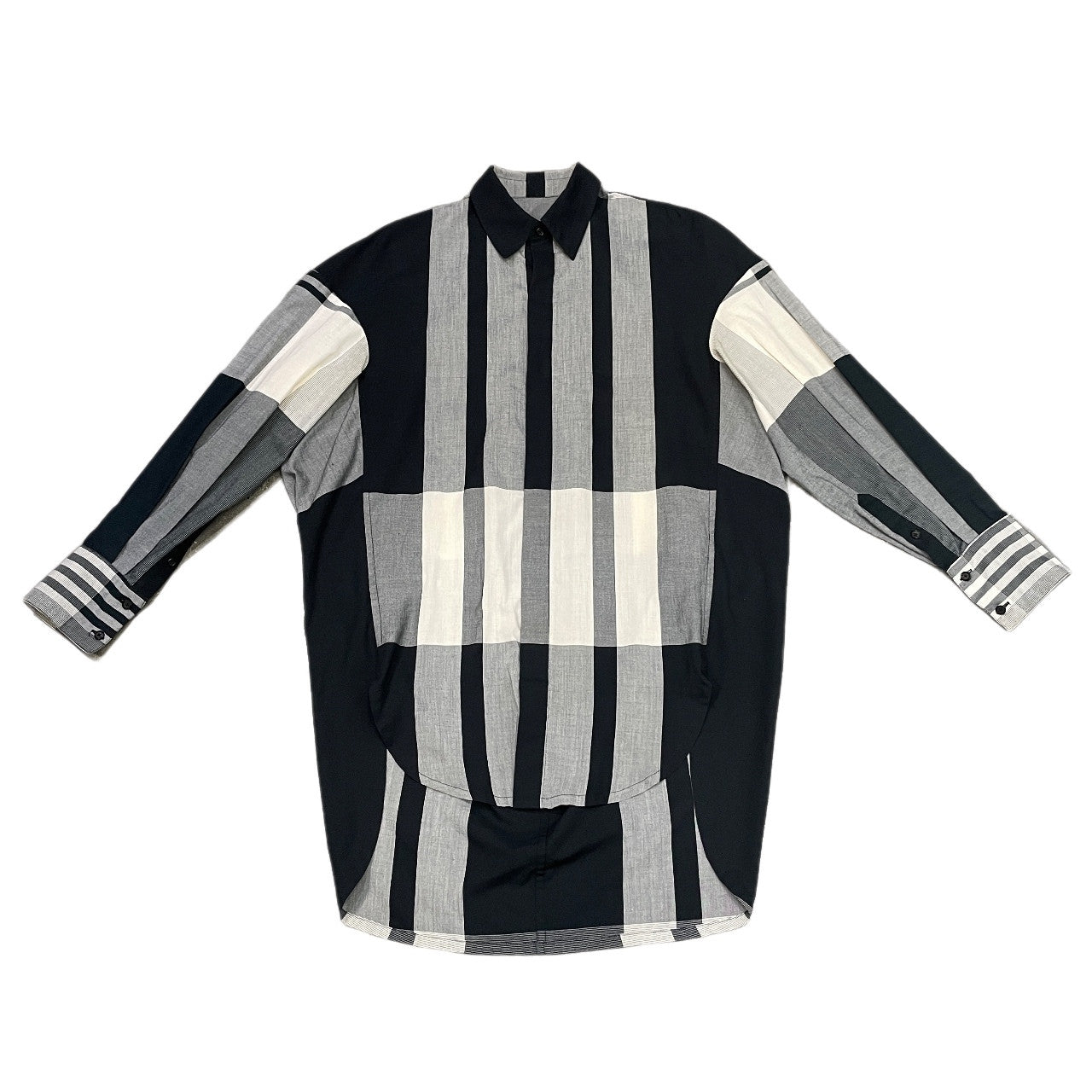 JOE CHIA Stripe Check Fly Front Long Shirt Gray Size XXL