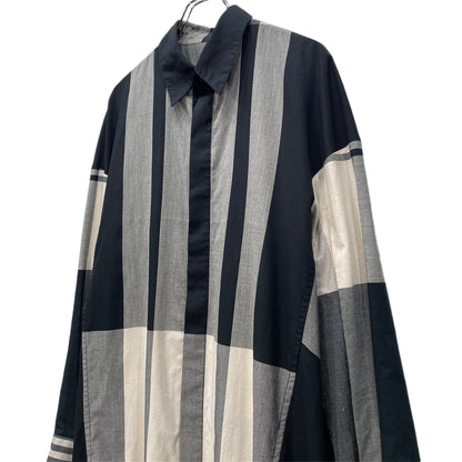 JOE CHIA Stripe Check Fly Front Long Shirt Gray Size XXL