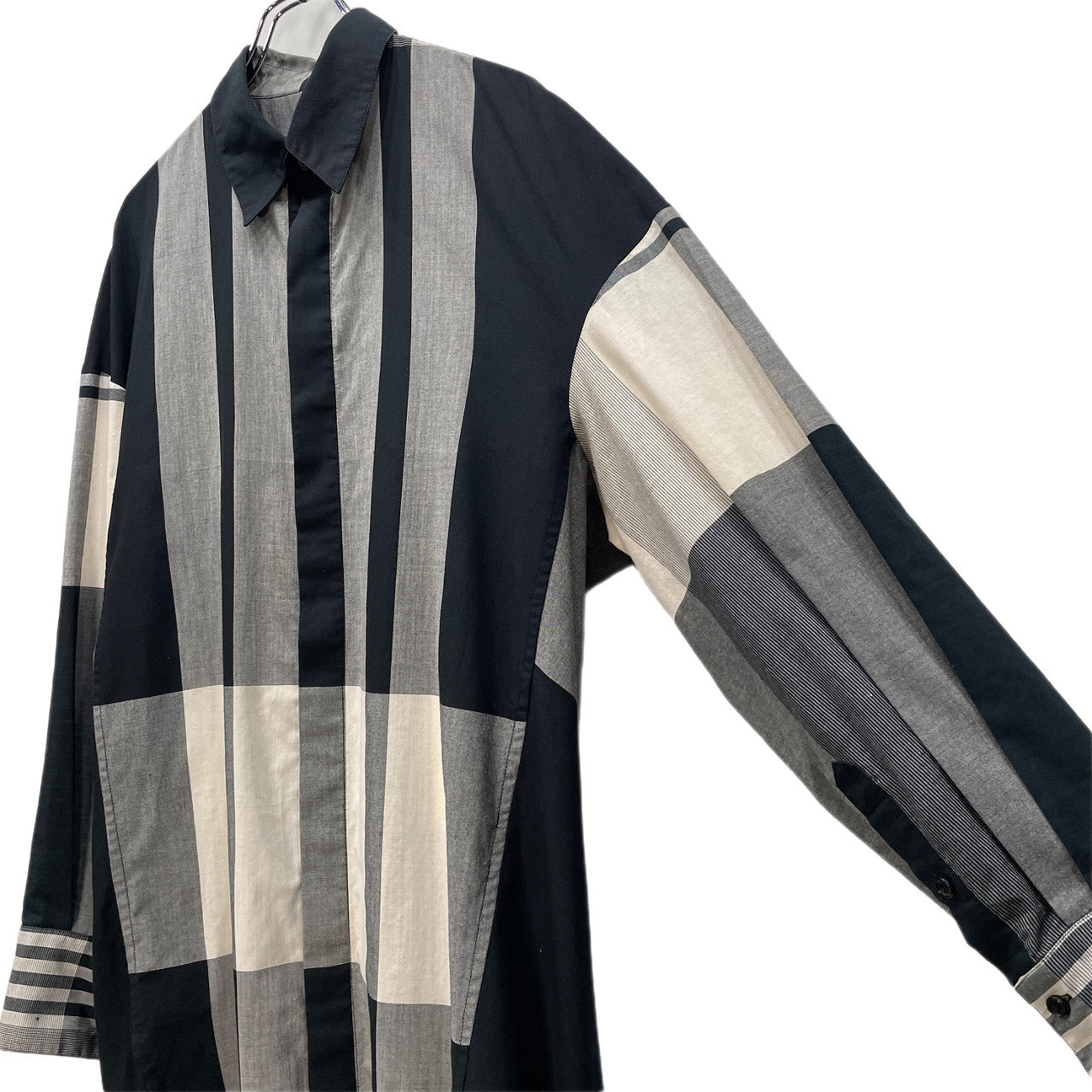 JOE CHIA Stripe Check Fly Front Long Shirt Gray Size XXL