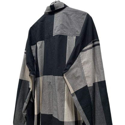 JOE CHIA Stripe Check Fly Front Long Shirt Gray Size XXL