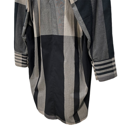 JOE CHIA Stripe Check Fly Front Long Shirt Gray Size XXL