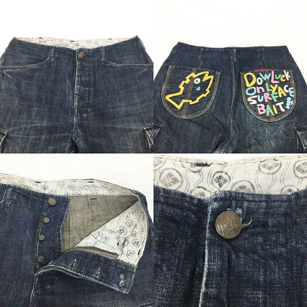 YAMANE Back Embroidered Denim Cargo Pants Navy Size 36