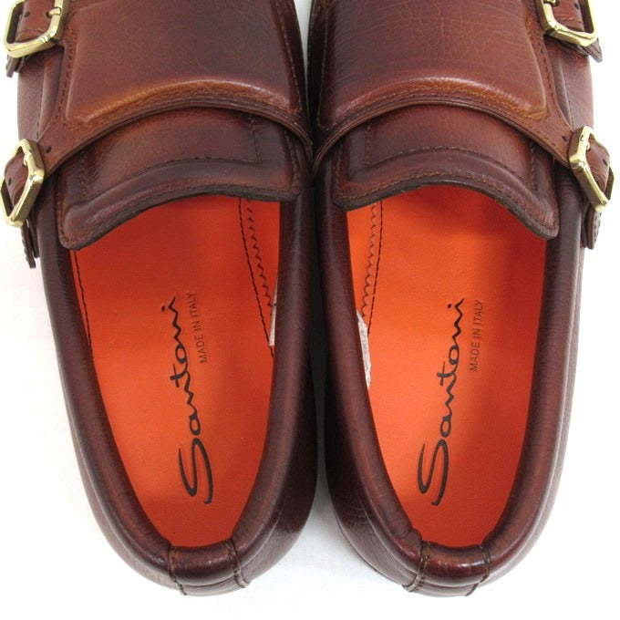 Santoni Double Monk Leather Shoes Brown Size UK