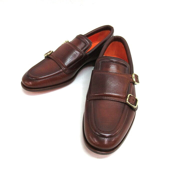 Santoni Double Monk Leather Shoes Brown Size UK