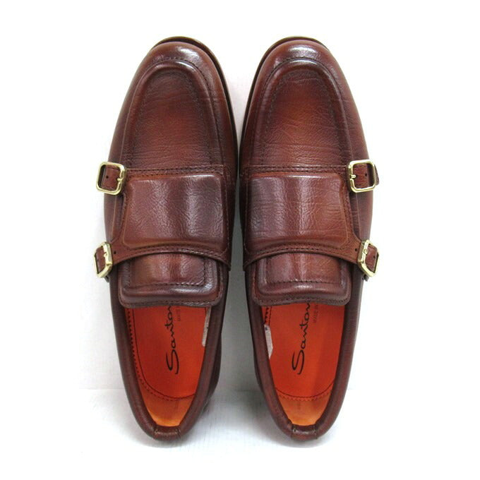 Santoni Double Monk Leather Shoes Brown Size UK